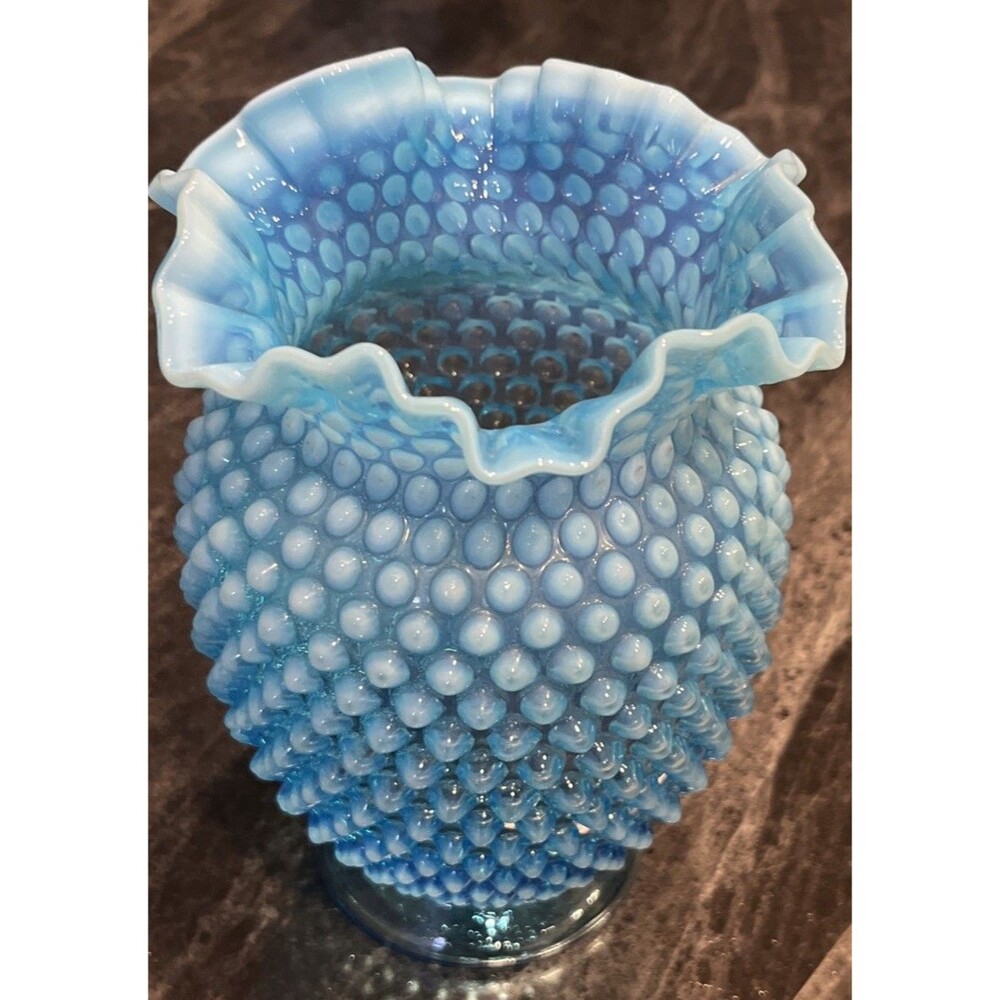 VNTG Fenton Blue Opalescent Hobnail 8x6 in Ruffled Glass Vase - 1939-1955